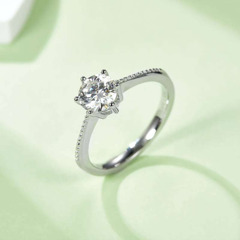 直臂珠边承诺S925银镀白金MoissaniteWomen's Ring1ctD级